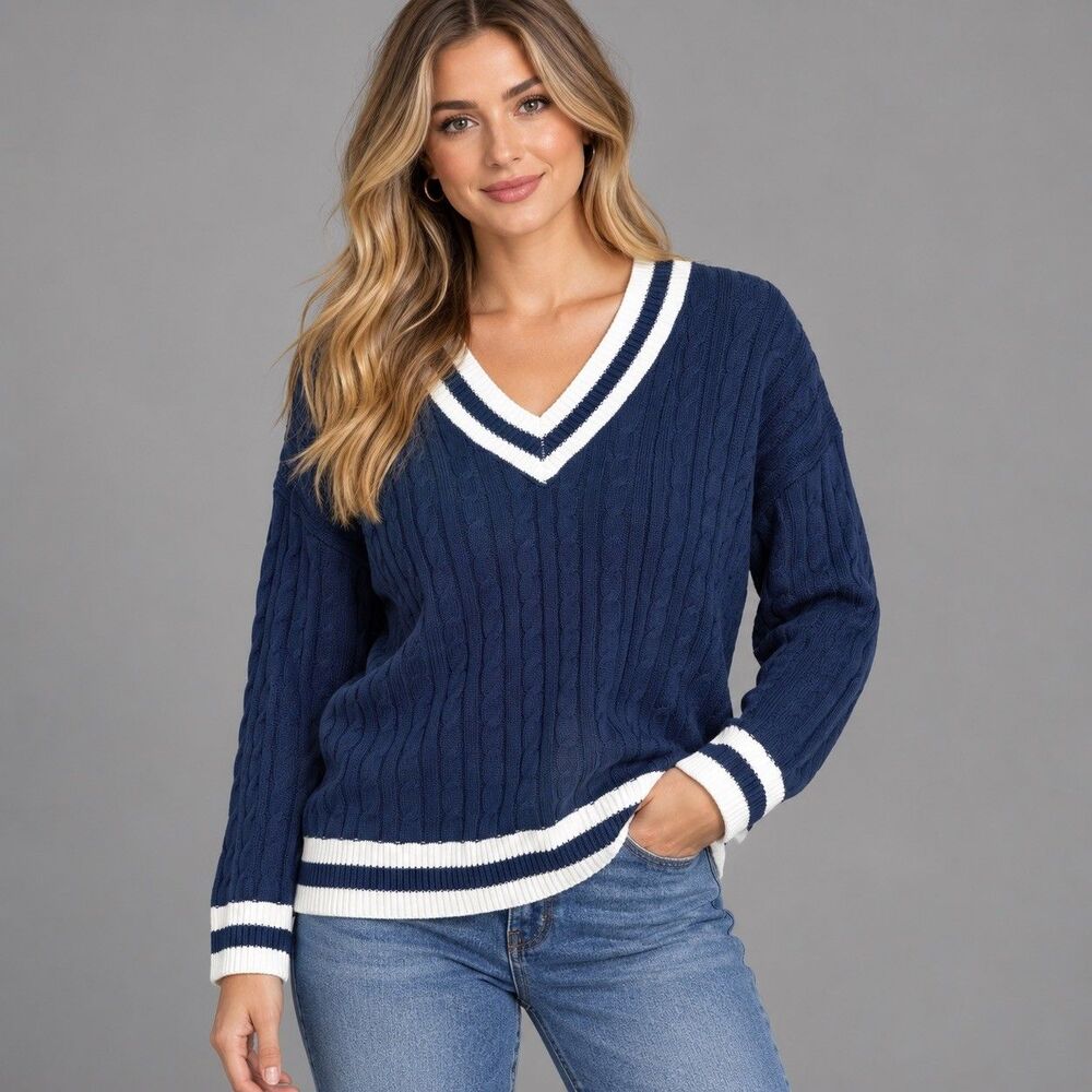 Preppy Navy Cable Knit Varsity Sweater • Dark Academia Old Money V Neck L/XL